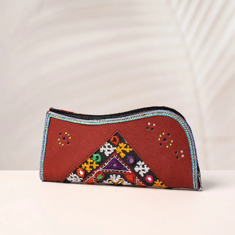 Seasonal Clearance Bags For Summer Brown - Handcrafted Kutch Embroidery Leather Clutch / Wallet