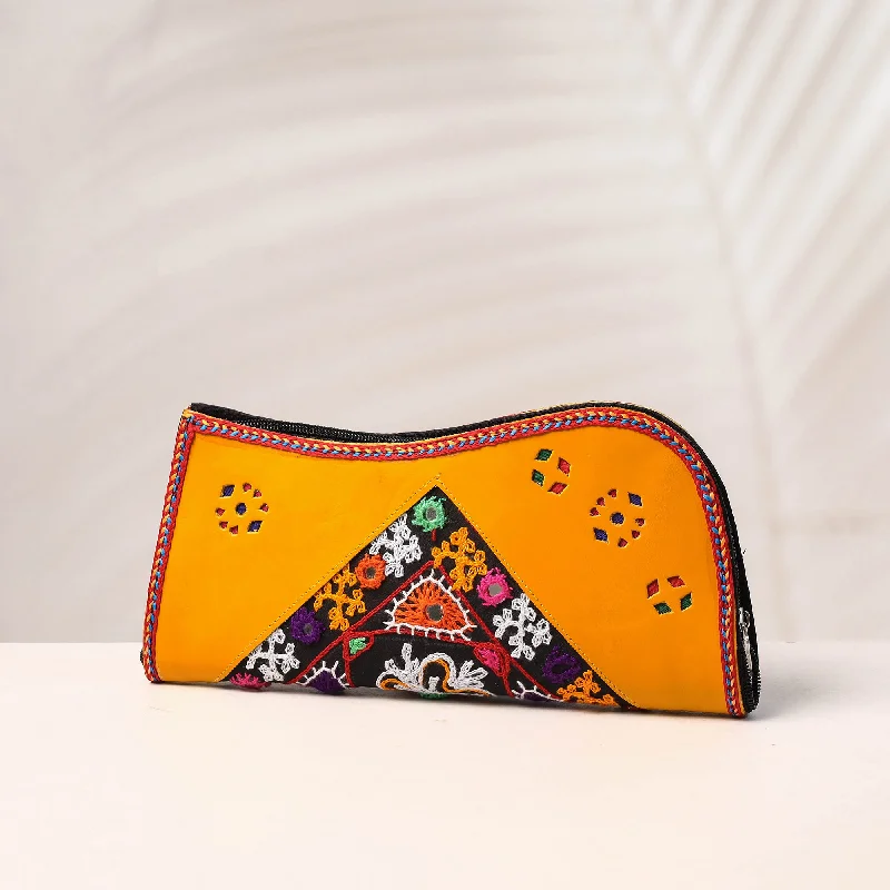 Elegant Bags For Formal Events And Luxury Occasions Orange - Handcrafted Kutch Embroidery Leather Clutch / Wallet