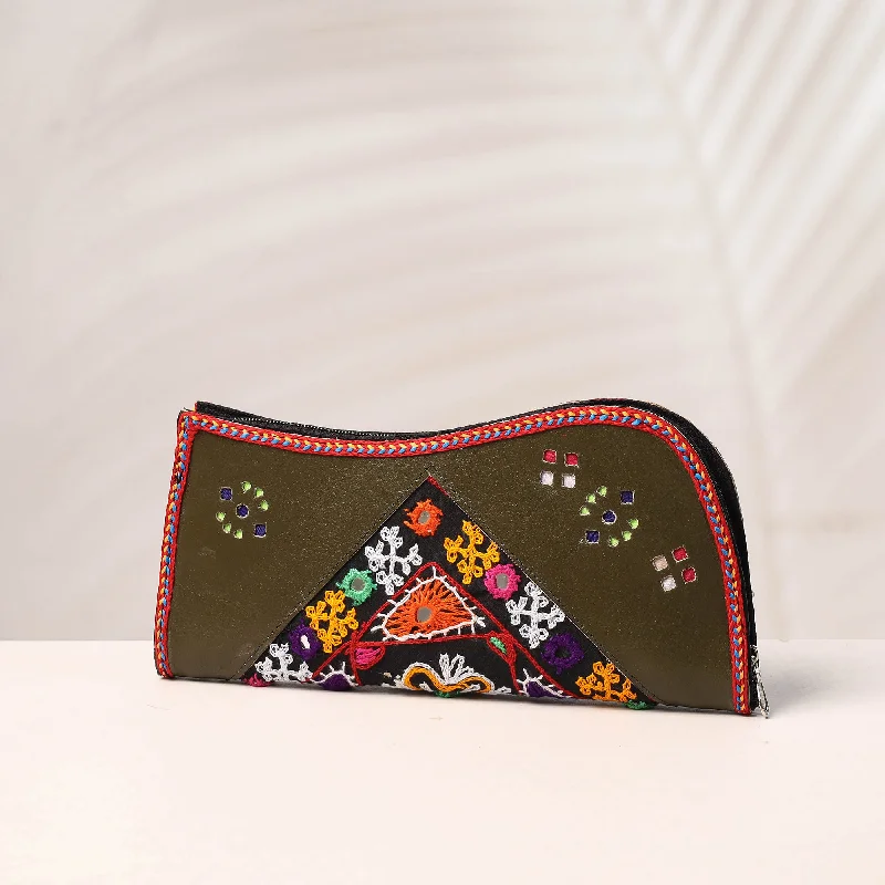 Evening Events Green - Handcrafted Kutch Embroidery Leather Clutch / Wallet