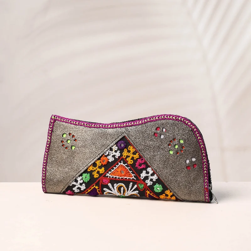 Bags For Personalized Gifts Grey - Handcrafted Kutch Embroidery Leather Clutch / Wallet