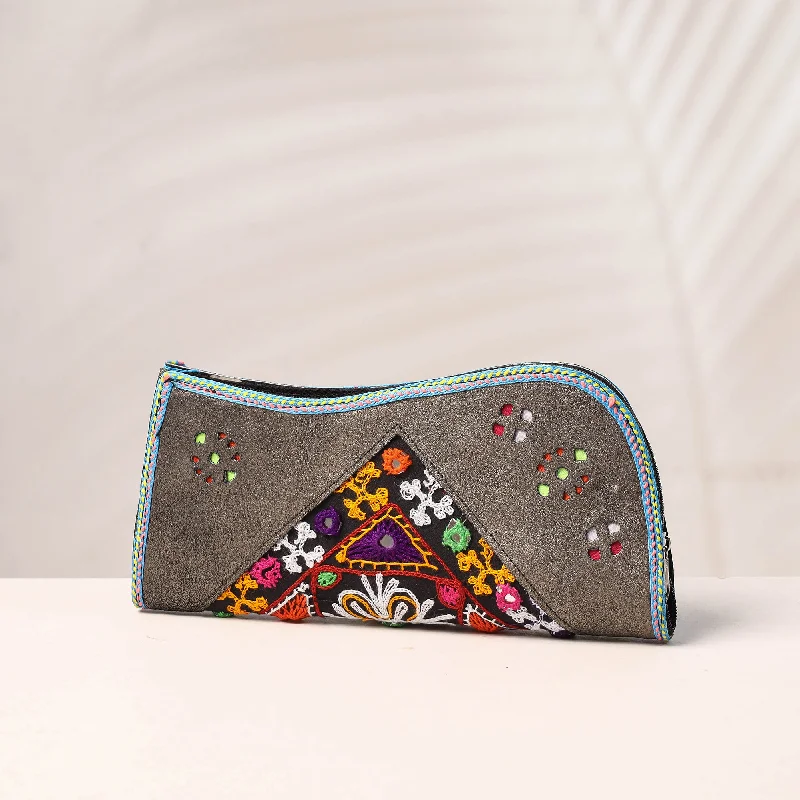 Luxury Bags On Sale Grey - Handcrafted Kutch Embroidery Leather Clutch / Wallet