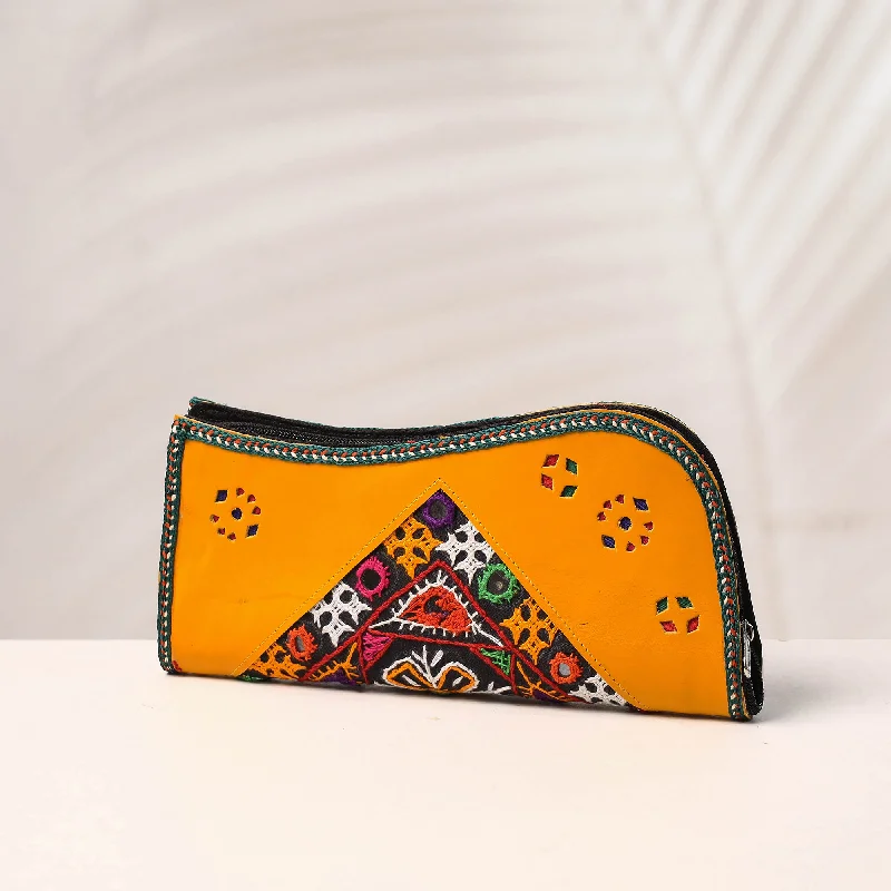 Sporty Bags For Active And Athletic Lifestyles Orange - Handcrafted Kutch Embroidery Leather Clutch / Wallet