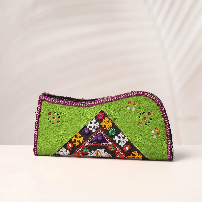 Customizable Bags For Personalized Style Green - Handcrafted Kutch Embroidery Leather Clutch / Wallet