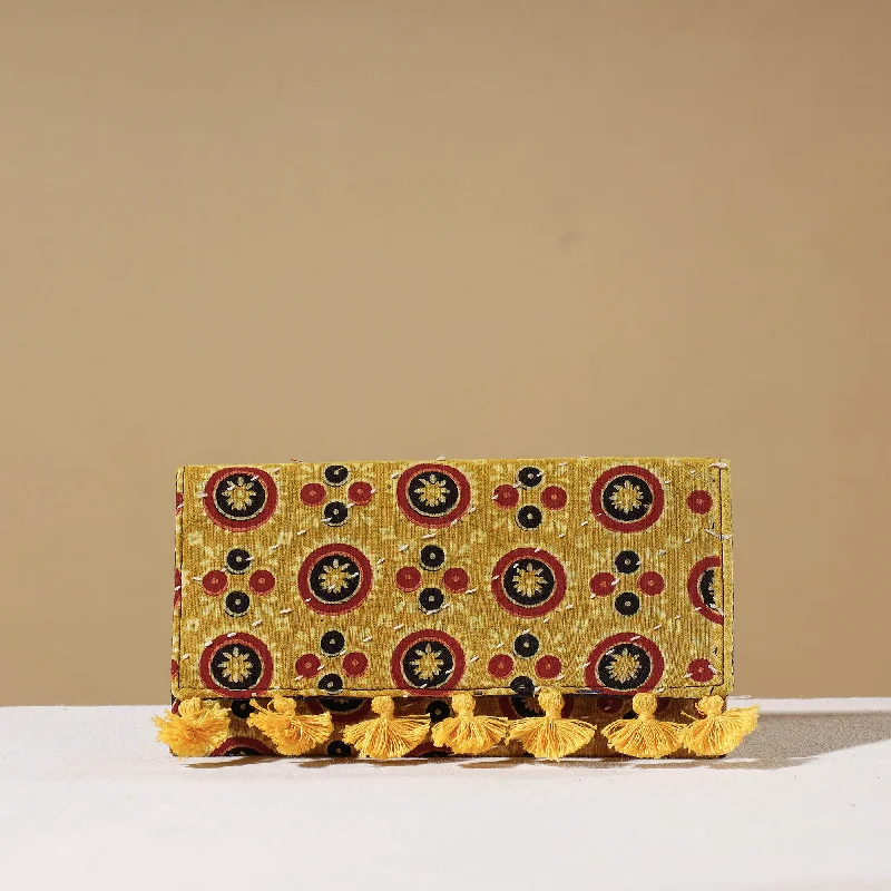 Bags For Urban And Trendy Looks Yellow - Marudhara Ajrakh Printed Clutch Wallet With Tassels