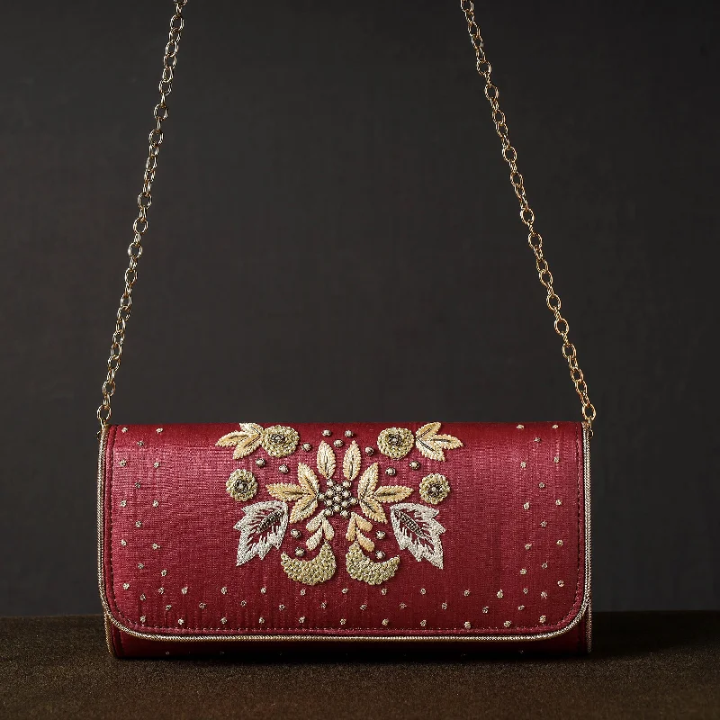 Inspired Bags For Luxury Fashion Lovers Maroon - Chikankari Hand Embroidery Tussar Silk Clutch / Sling Bag