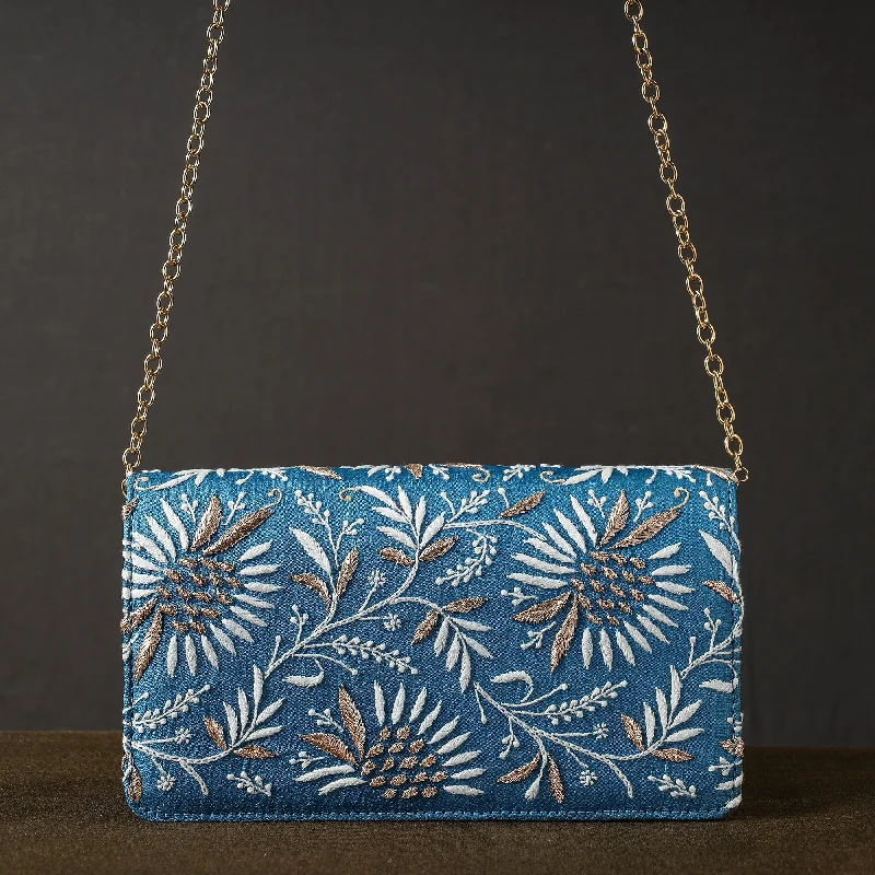 Minimalist Bags For Clean And Modern Aesthetics Blue - Chikankari Hand Embroidery Tussar Silk Clutch / Sling Bag