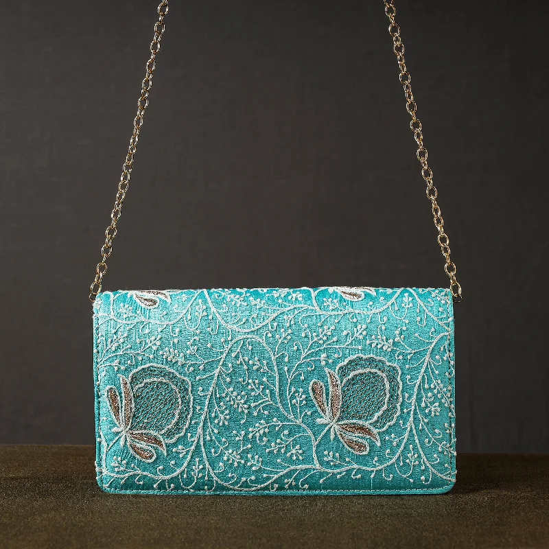 High-Quality Bags Green - Chikankari Hand Embroidery Tussar Silk Clutch / Sling Bag