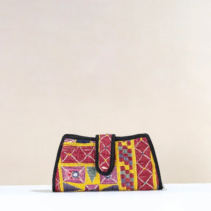 Rustic Bags For Outdoor And Nature-Inspired Looks Multicolor - Handcrafted Kutch Embroidery Cotton Clutch / Wallet