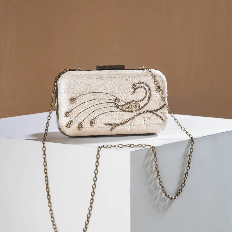 Spacious And Discounted Bags White - Zardozi Hand Embroidered Tussar Silk Clutch/Sling Bag Spacious And Discounted Bags White - Zardozi Hand Embroidered Tussar Silk Clutch/Sling Bag