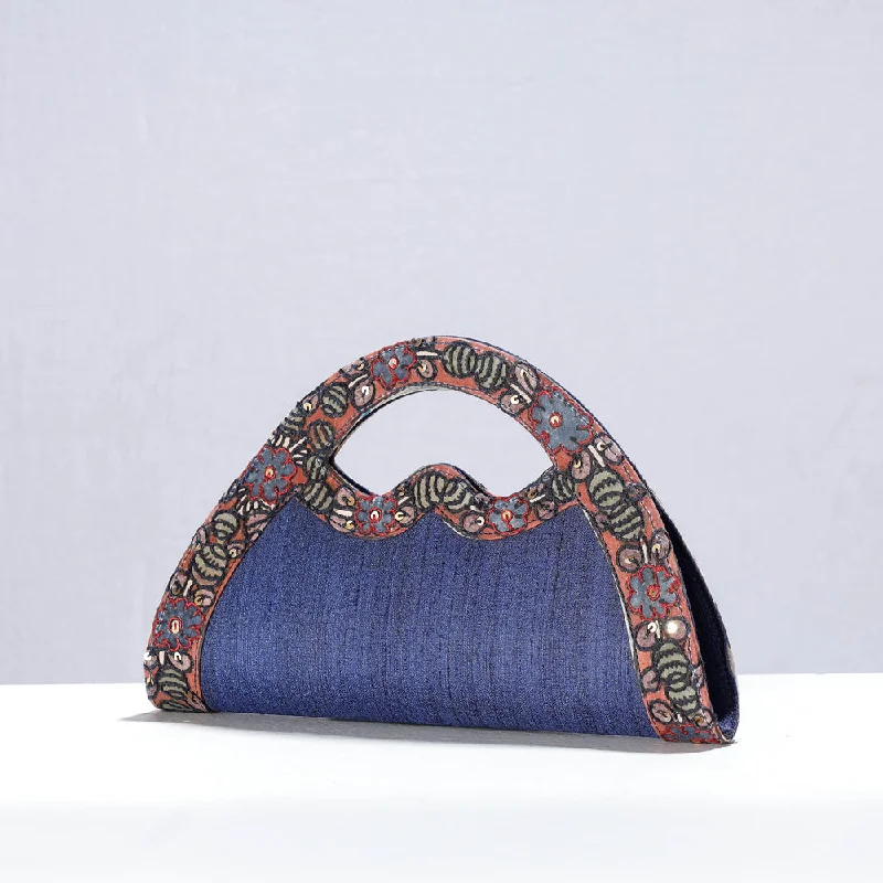 Luxury Bags With Premium Materials And Craftsmanship Blue - Handpainted Kalamkari Natural Dyed Ghicha Silk Hand Clutch Bag Luxury Bags With Premium Materials And Craftsmanship Blue - Handpainted Kalamkari Natural Dyed Ghicha Silk Hand Clutch Bag