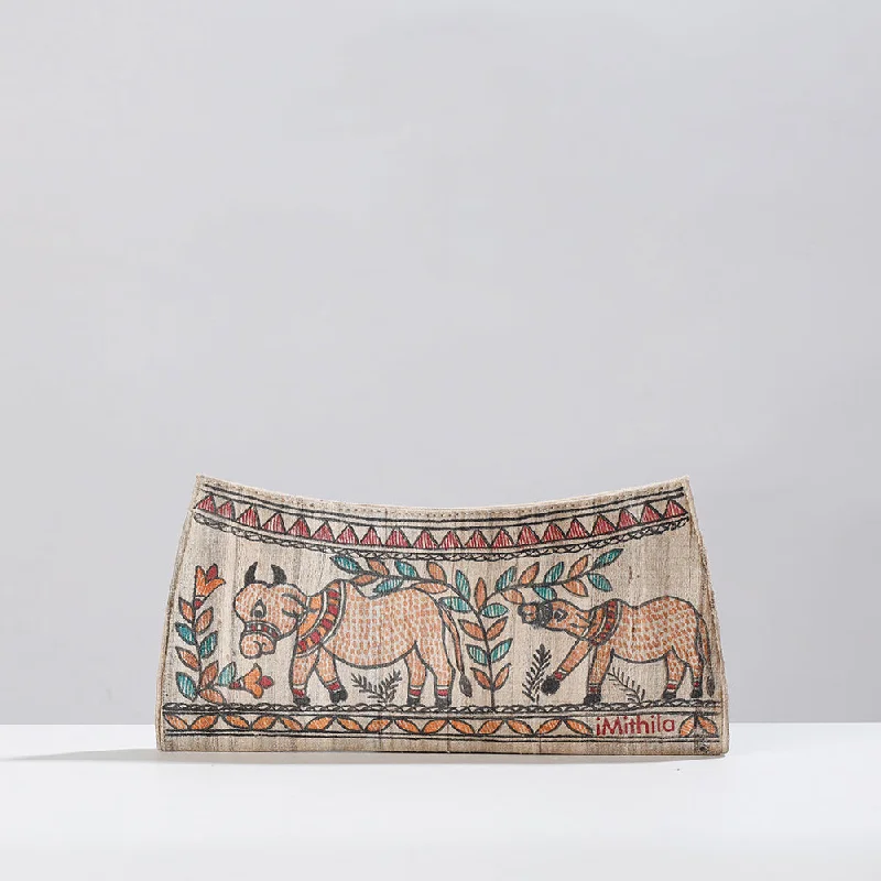 Vibrant Bags With Discounts Beige - Madhubani Handpainted Tussar Silk Clutch