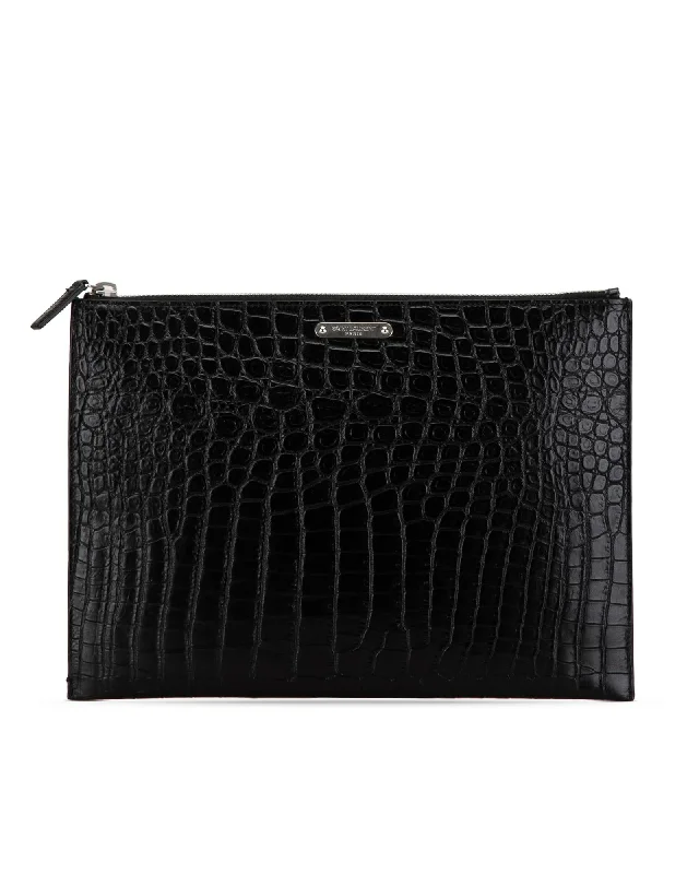 Discounted Designer Bags On Sale Saint Laurent Classic Envelope Clutch in Black Crocodile-Embossed Leather