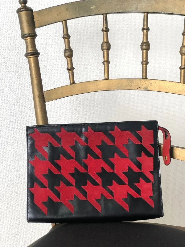 Bag Deals CELINE Houndstooth Suede Leather Clutch bag Black Red Vintage znyz77