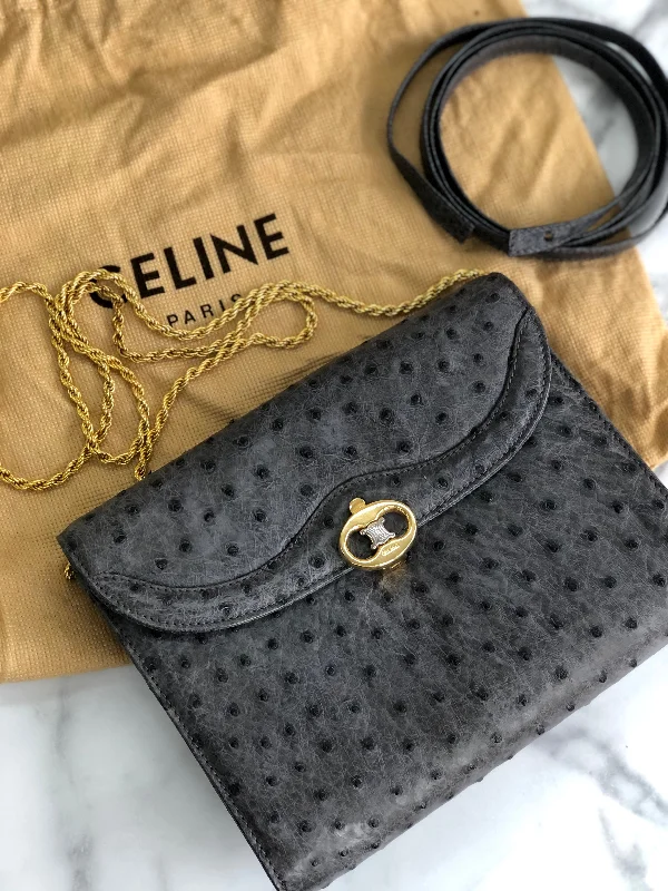 High-Quality Bags On Flash Sale CELINE Blason Triomphe Ostrich Two way Chain Shoulder Bag Clutch bag Gray Old Celine Vintage vybyhv