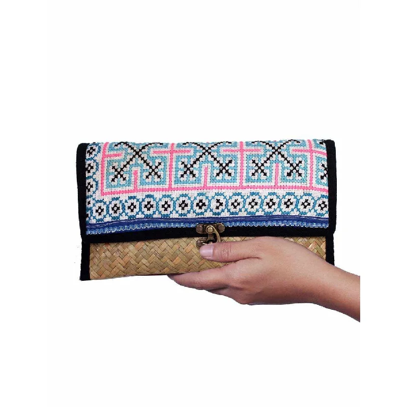 Office Professionals Boho Rattan Clutch with Vintage Embroidery - Thailand
