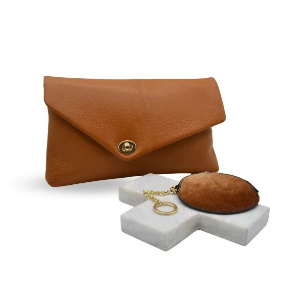 Everyday Bags For Work, School, Or Errands Gift Set | CENTENNIAL PARK - Ladies Tan Leather Clutch Envelope Bag &  LORN - Ladies Coin Purse