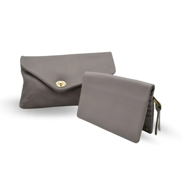 Bags For Outdoor Adventures Gift Set | CENTENNIAL PARK - Womens Grey Pebbled Leather Clutch Bag & CREMORNE Leather Fold Wallet