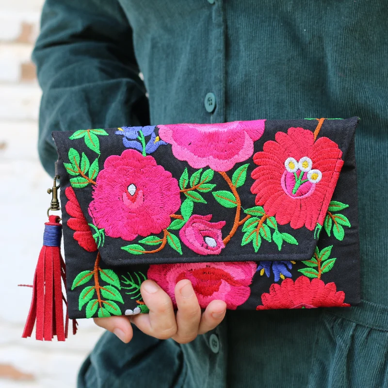 Bags For Outdoor Adventures Fiesta Hmong Embroidered Leather Tassel Envelope Clutch Bag - Thailand Bags For Outdoor Adventures Fiesta Hmong Embroidered Leather Tassel Envelope Clutch Bag - Thailand