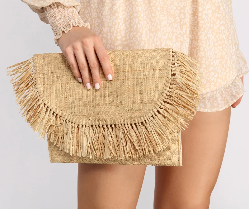 Discounted Designer Bags For Clearance Events Island Time Straw Fringe Clutch