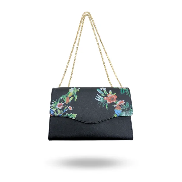 Black Friday Deals On Stylish Handbags IVANHOE - Addison Road Black Leather Clutch Bag with Tropical Print