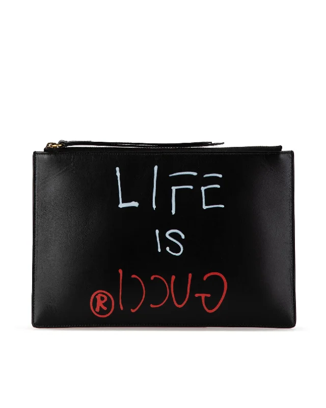 Cozy Handbags With Clearance Prices Life is Gucci Zip Pouch with Printed Leather and Top Zip Closure