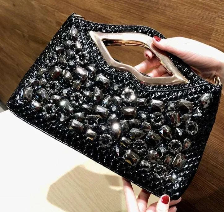 Stylish Bags With Discounts Lux Black Crystal Lip Clutch