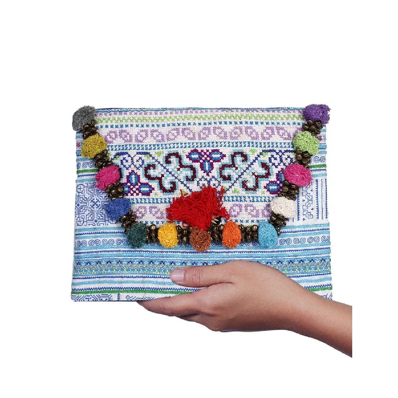 Vintage Bags For Retro And Classic Fashion Lovers Repurposed Pom Poms and Bells Vintage Hmong Clutch - Thailand Vintage Bags For Retro And Classic Fashion Lovers Repurposed Pom Poms and Bells Vintage Hmong Clutch - Thailand
