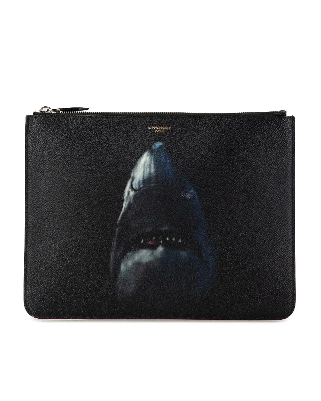 Sleek And Seasonal Sale Bags Shark Printed Leather Clutch with Top Zip Closure