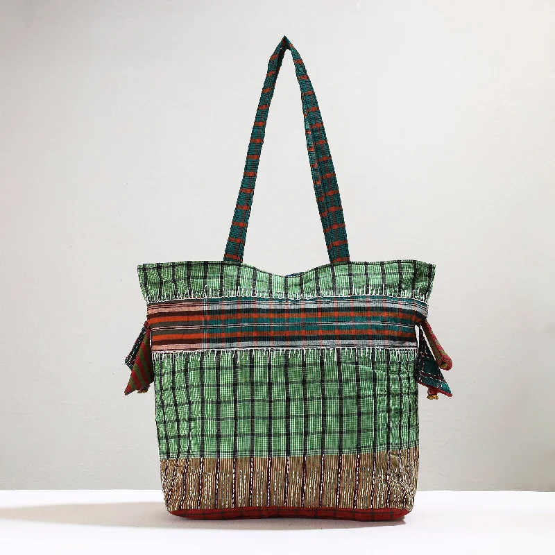 Luxury Bags Green - Handmade Gamcha Fabric Kantha Work Tote Bag