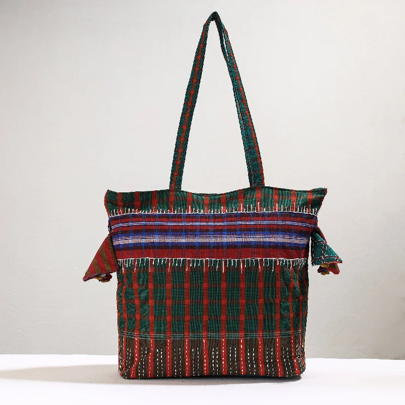 Cyber Monday Discounts On Bags Green - Handmade Gamcha Fabric Kantha Work Tote Bag