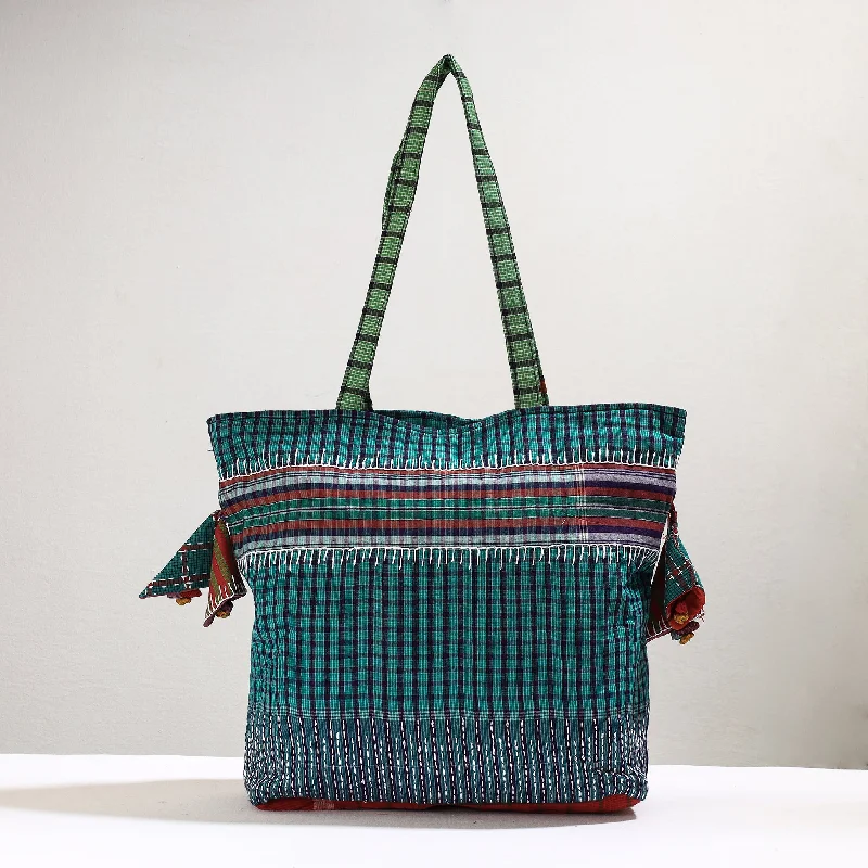 Bags For Outdoor Adventures Green - Handmade Gamcha Fabric Kantha Work Tote Bag