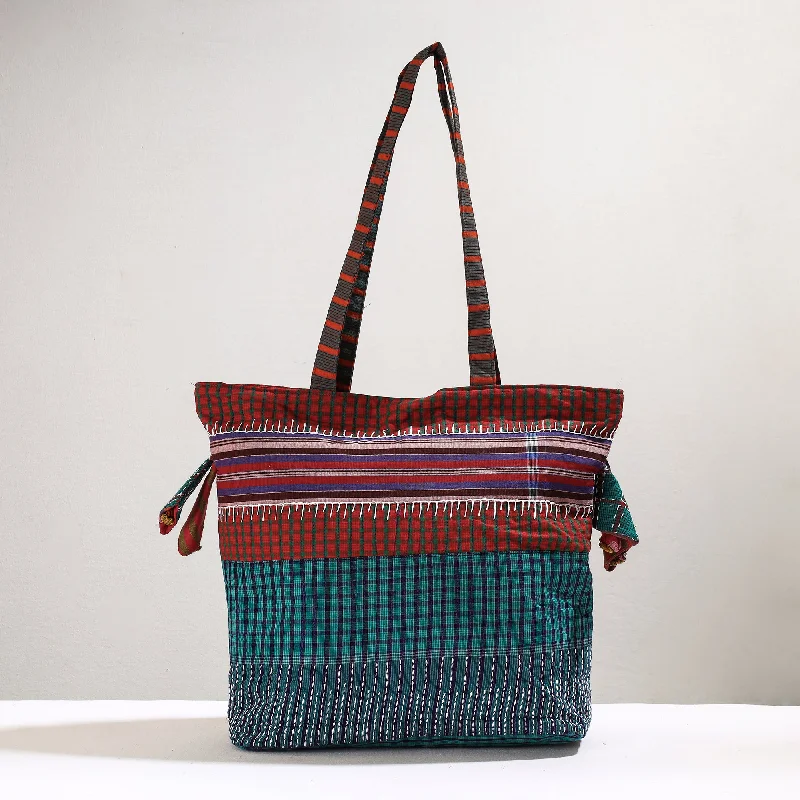 Elegant Bags For Formal Events And Luxury Occasions Green - Handmade Gamcha Fabric Kantha Work Tote Bag Elegant Bags For Formal Events And Luxury Occasions Green - Handmade Gamcha Fabric Kantha Work Tote Bag