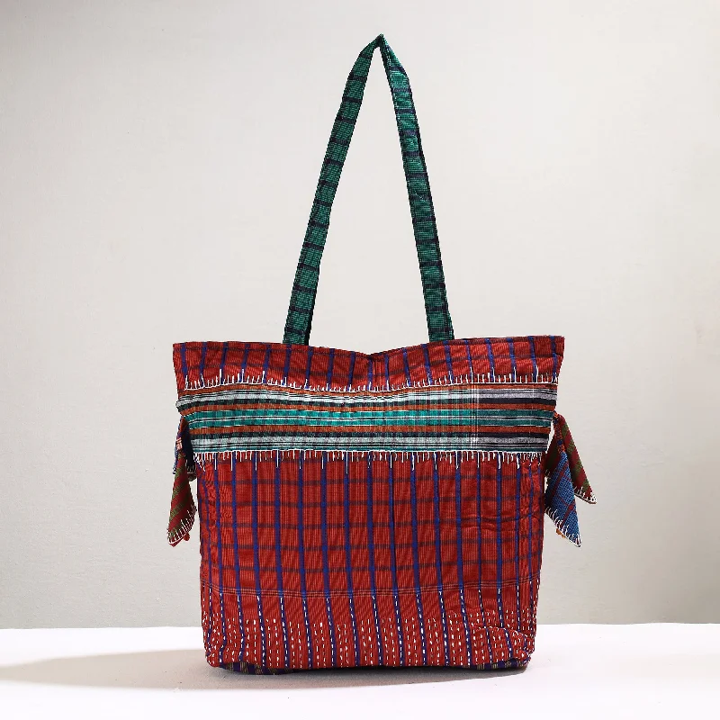 Bags For Free-Spirited And Artistic Styles Red - Handmade Gamcha Fabric Kantha Work Tote Bag Bags For Free-Spirited And Artistic Styles Red - Handmade Gamcha Fabric Kantha Work Tote Bag