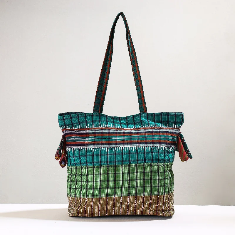 Functional Bags For Busy Moms And Dads Green - Handmade Gamcha Fabric Kantha Work Tote Bag Functional Bags For Busy Moms And Dads Green - Handmade Gamcha Fabric Kantha Work Tote Bag