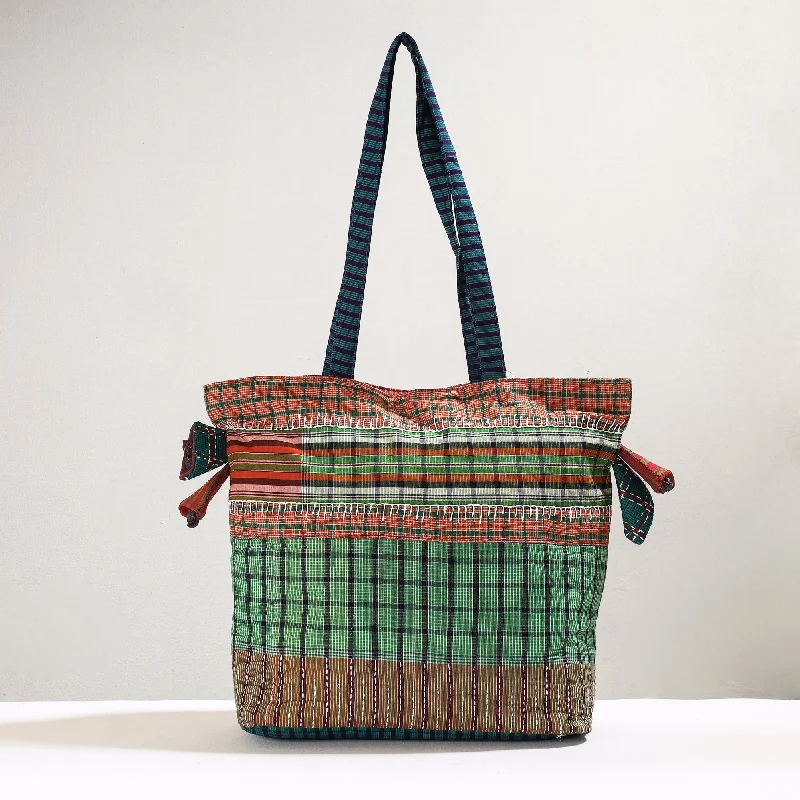 Everyday Bags For Work, School, Or Errands Green - Handmade Gamcha Fabric Kantha Work Tote Bag Everyday Bags For Work, School, Or Errands Green - Handmade Gamcha Fabric Kantha Work Tote Bag