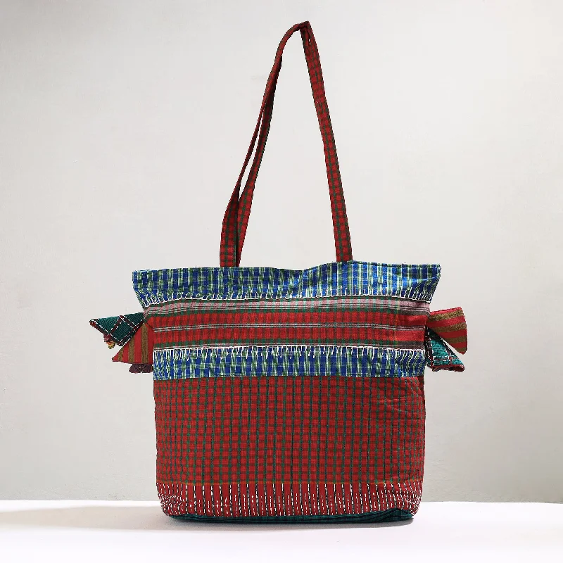 Lightweight And Functional Bags For Travel And Work Red - Handmade Gamcha Fabric Kantha Work Tote Bag Lightweight And Functional Bags For Travel And Work Red - Handmade Gamcha Fabric Kantha Work Tote Bag