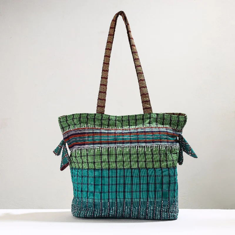 Trendy Bags For Women And Men In 2025 Green - Handmade Gamcha Fabric Kantha Work Tote Bag Trendy Bags For Women And Men In 2025 Green - Handmade Gamcha Fabric Kantha Work Tote Bag