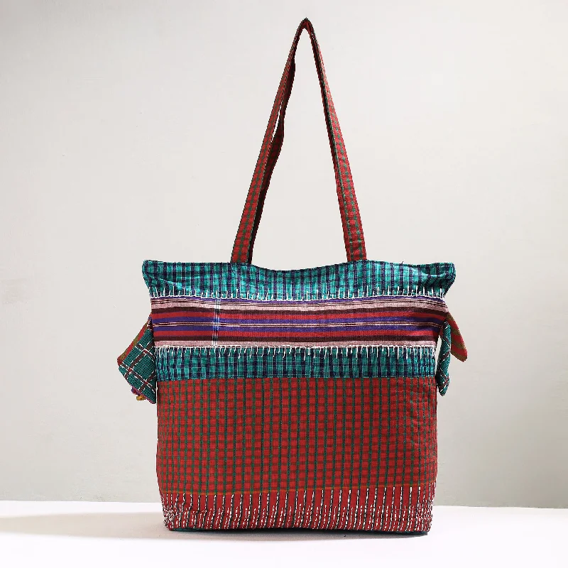 Minimalist Leather Bag For Modern Aesthetics Red - Handmade Gamcha Fabric Kantha Work Tote Bag Minimalist Leather Bag For Modern Aesthetics Red - Handmade Gamcha Fabric Kantha Work Tote Bag