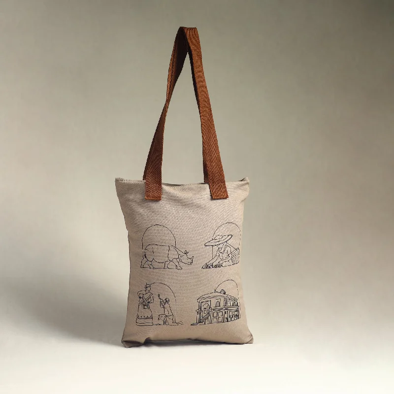 Tote Bag For Everyday Use Beige - Assam's Iconic Symbols Cotton Canvas Tote Bag