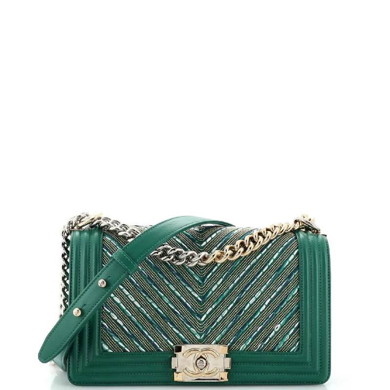 Minimalist Bags For Clean And Modern Aesthetics Boy Flap Bag Studded Chevron Calfskin with Tweed Old Medium