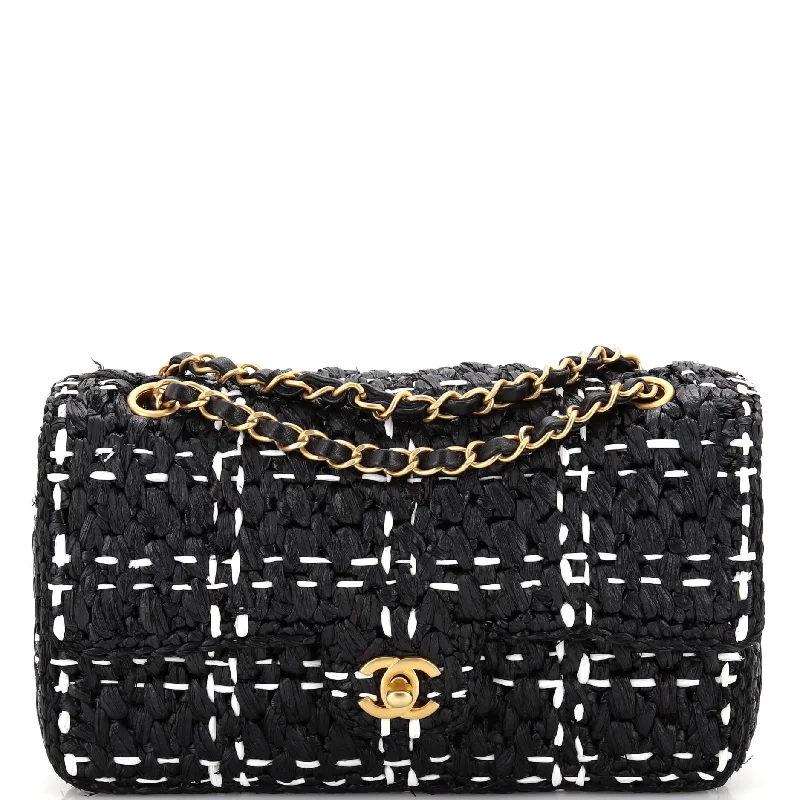 Minimalist Leather Bag For Modern Aesthetics CC Chain Flap Bag Tweed Effect Braided Raffia Medium