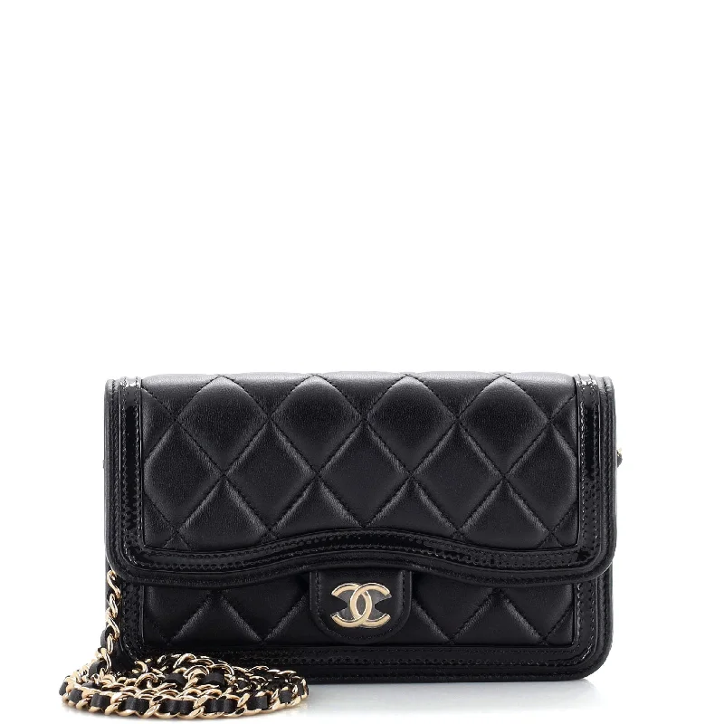 Tote Bag For Office Use CC Constrast Trim Flap Phone Holder with Chain Quilted Lambskin with Patent