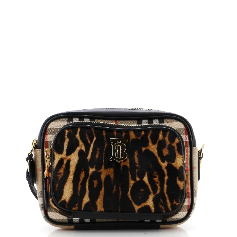 Valentine's Day Front Pocket Camera Bag Vintage Check Canvas with Printed Pony Hair Valentine's Day Front Pocket Camera Bag Vintage Check Canvas with Printed Pony Hair