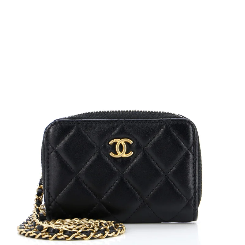 Senior Travelers Pearl Crush Zip Around Card Holder on Chain Quilted Lambskin